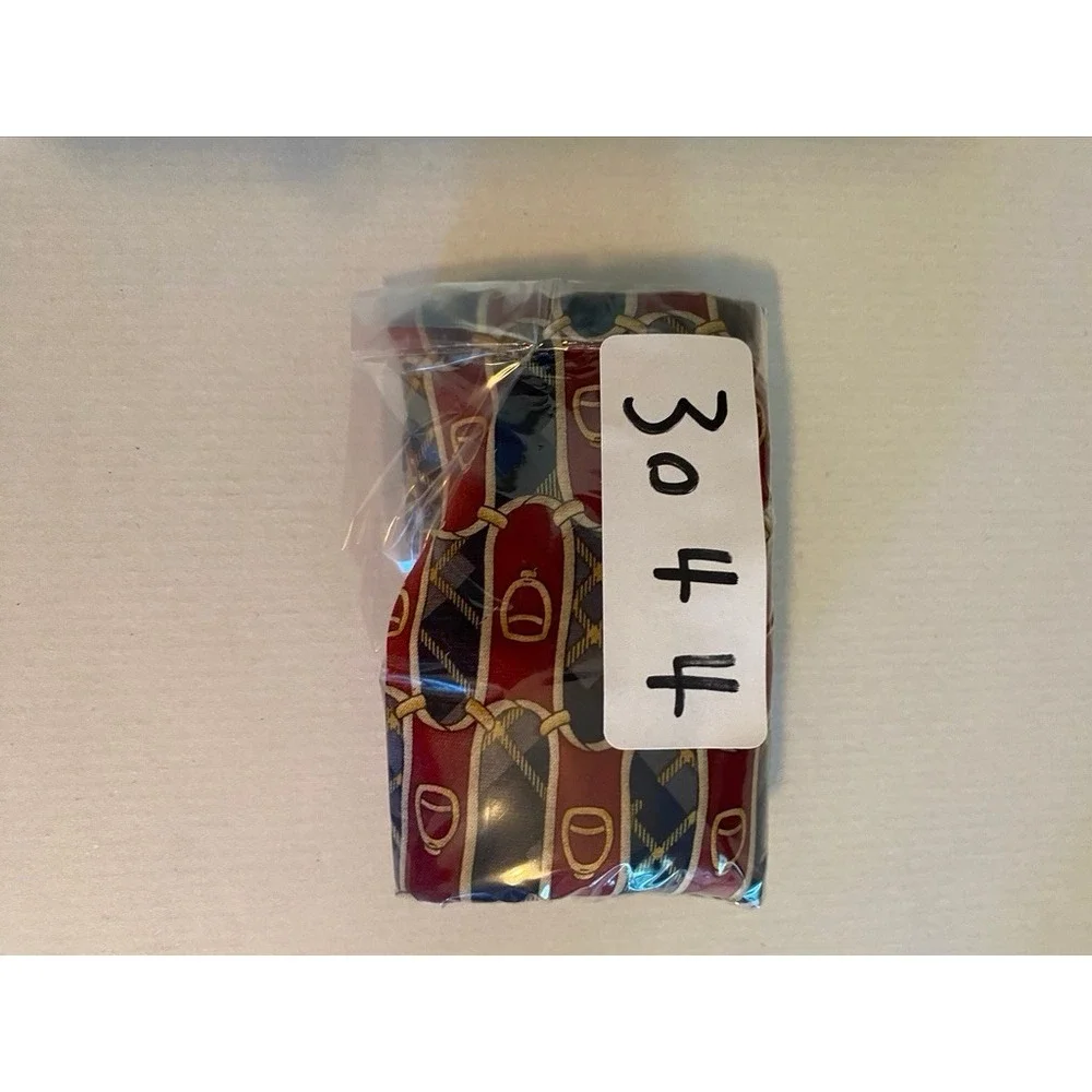Rene Chagal Mens Silk Necktie Red Navy Blue Plaid Equestrian Stirrup Handmade